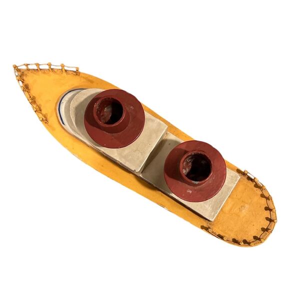 Yellow and White Wood and Metal Boat Decor with Candle Holders - Picture 7 of 7